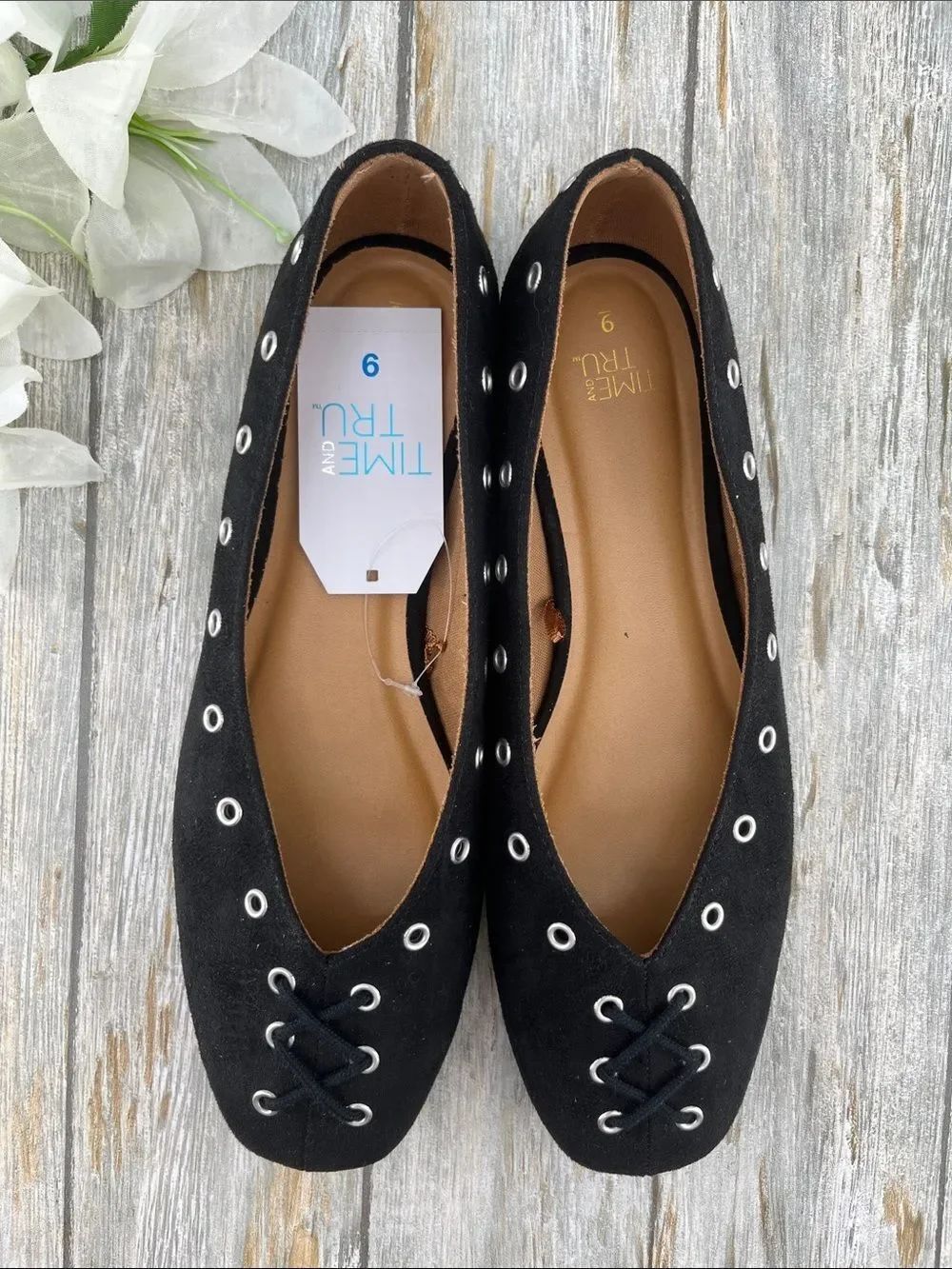 Women's Faux Suede Corset Ballet Flats Black Shoes Size 9